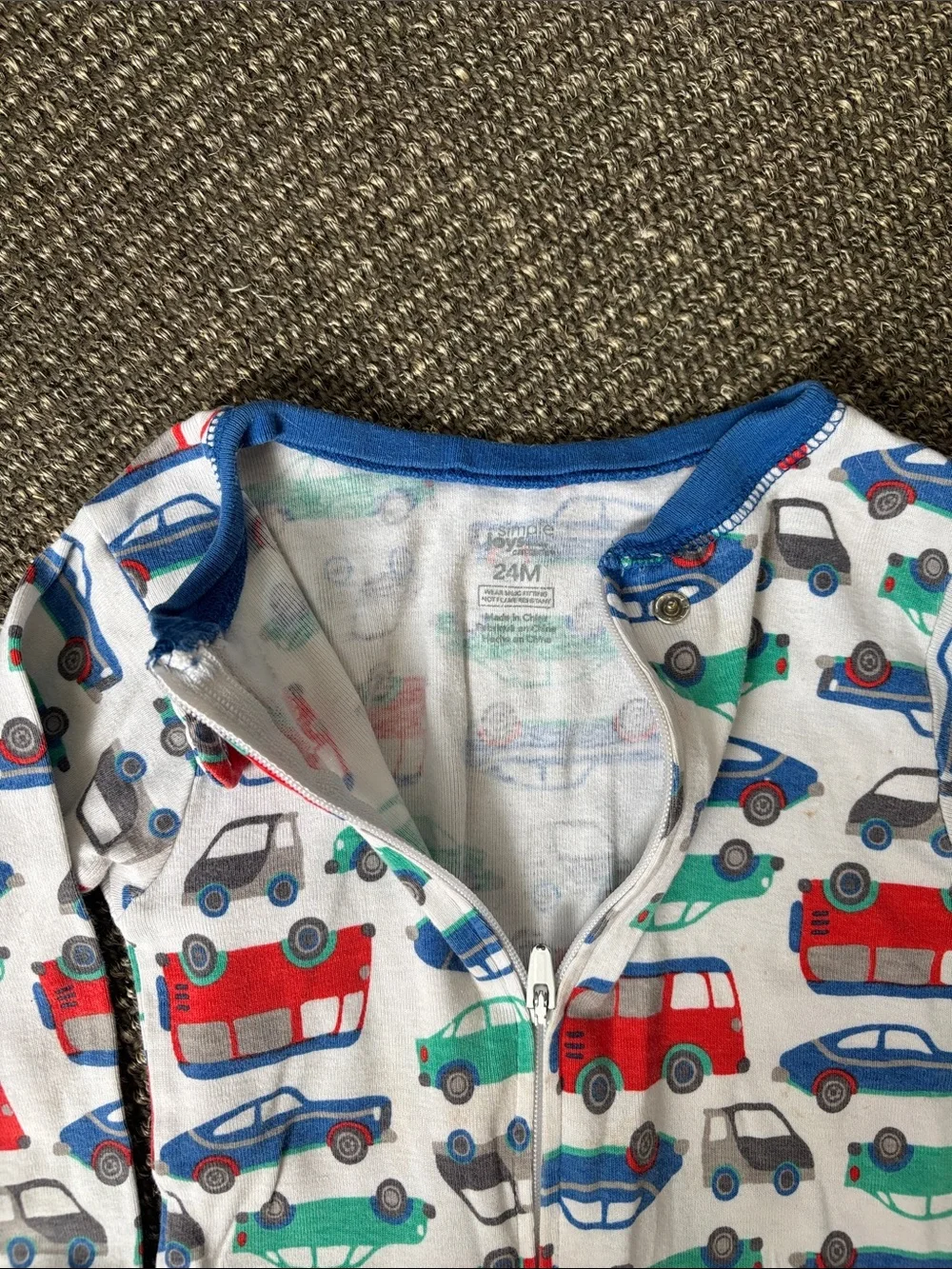White Kids One-Piece Footie with Red and Blue Car Print